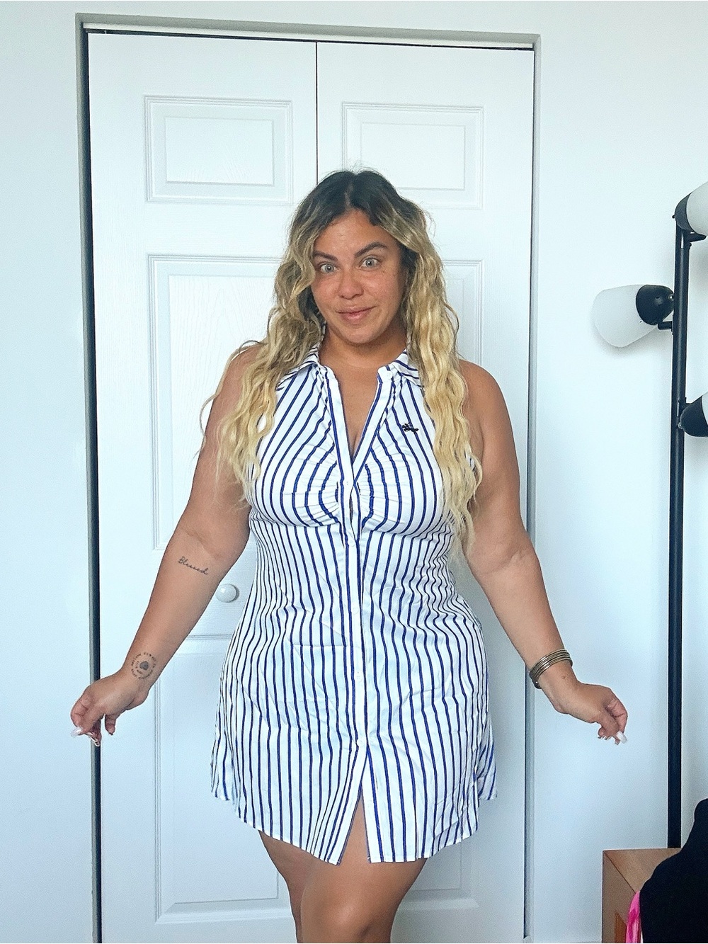 Women’s Blue & White Striped Sleeveless Button-Down Shirt Dress Size 0XL – New